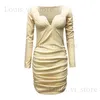 Basic Casual Dresses Elegant Sexy Cocktail Dresses WomenS Elegant Dresses V Neck Long Sleeve Ruched Solid Color Mini Dress Cocktail Party Prom T240221