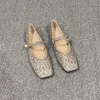 Sandálias femininas plana strass lantejoulas sapatos de balé 2024 primavera macio dedo do pé quadrado único sapato casamento apartamentos confortáveis mary