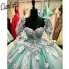 Romantique Blush 3d Fleurs Robe De Bal Quinceanera Robes De Bal Caftan Perlé Dentelle Longue Douce 16 Robe Robes