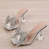 Liyke chinelos transparentes para mulheres moda prata cristal bowknot salto alto feminino mules slides sandálias de verão sapatos 240219