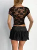 Women's T Shirts Women S Lace Crop Tops Short Sleeve Sweetheart Neck See-Through T-Shirts Fashion Summer