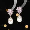 Dangle Earrings European Vintage Stylish Cluster CZ Pear And Pearl Drop Elegancy Jewelry