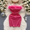 Casual Dresses Summer Rose Red Sexy Club Hip Wrap Mini Dress Women Off Shoulder Elegant Sleeveless Plush Strapless paljettparty Short