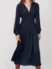 Sukienki swobodne 2024 Vintage damskie złote dżerowe dysze sukienki midi elastyczna wysoka talia Spring Long Puff Sleeve żeńska szat Vestidos Vestidos