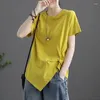 Women's T Shirts Fashion O-Neck Loose Folds Shirring T-Shirt Female Clothing Summer Oversized Casual Pullovers Tops Irregular Tee Shirt X821