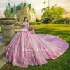 Pink Off the Shoulder Ruffles QuinCeanera Dresses Ball Gown Colorful 3D Flowers Applicies Lace Corset Vestidos Para XV ANOS