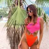 Women's Swimwear 2023 New One Piece Swimsuit For Women Fluorescent Color High Leg Bathing Suit Monokini Beach Bodysuit WearH24221