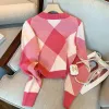 Кардиганы, розовый свитер, женский весенне-осенний французский винтажный вязаный кардиган, топ с длинными рукавами и круглым вырезом, однобортное универсальное пальто