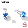 イヤリングWostu Real 925 Sterling Silver Exquisite Heart Heart Studs earrings for Women Shiny Blue ZirconEarrings Fine Wedding Jewelry Gift