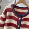 Giacche da maglione a righe a contrasto retrò in maglia da donna per donna Giacca cardigan lavorata a maglia a maniche lunghe ispessita di colore rosso vino