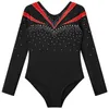 Stage Wear Teens Gymnastics Jumpsuit For Girls Kids Long Sleeve Shiny Rhinestone Figure Ice Skating Bodysuit Children Ballet Dance Leotard