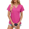 Camisetas femininas de manga curta cor sólida decote em v solto oco camisa casual algodão elastano camiseta feminina manga longa