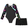 Stage Wear Kinderen Meisjes Turnpakje met lange mouwen en print met V-voor taille Booty Shorts Set Trainingspak voor Gymnastiek Yoga Dansen Training