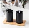 Bath Accessory Set Simple Ceramic Soap Dispenser Bathroom Accessories 3pcs Kit Wood Tray Toothbrush Holder Mouth Cups Black White