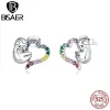 Ohrringe BISAER Echt 925 Sterling Silber Kleine Faultier Herz Ohrstecker Regenbogen Zirkon Tier Ohrring Für Frauen Party Edlen Schmuck