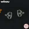 Clips Wostu Vintage 925 Sterling Silver Black Zircon Cross Boucles d'oreilles Femme Femme Retro Punk Cross Ear Buckle Hip Hop Bijoux Lucky Gift