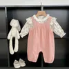 Clothing Sets 7399 Baby Clothing Set 2023 Autumn New Embroidered Bib Suit Long Sleeve Shirt +Strap Pant Sweet Girls Two-piece Suit.