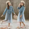 Ensembles de vêtements 2024 Corée du printemps automne Enfants 2 pièces Girl Girl Denim Shirt Toddler Cardigan Top Kids Mesh Jupe Pluffy Robe Pluffy pour la plus haute qualité.