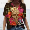 Dames T-shirt Vintage 3D Skull Gedrukte dames T-shirt Casual V-Neck korte mouw Blouses Zomertrend Harajuku pullover losse tops grappige tee T240221