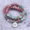 Armband Natural Stone Wrap Stack Layer Armband för kvinnor 108 Pärla Buddhist Mala Rhodochrosite med Frosted Amazonite Lotus Jewelry Gift