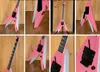 Hot Rare Vinnie Vincent Flying v Double V Pink White Electric Guitar、Floyd Rose Tremolo、Shark Fin Inlay、EMG Pickup、Black Hardware