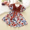 Flickaklänningar Bear Leader Summer Dress Outfits 2024 Girls Floral Princess Backless Tie Bow Puff Sleeve Fashion för 3-11 Y