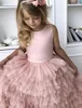 Cacscading Ruffles Pink Girls Pageant Robes Princess A Line Jewel Neck Backless Flower Girl Robe avec Big Bow Sash Tels Form Femme Birthday Robes BC18242