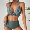 Damenbadebekleidung Hohe Taille Bikini 2023 Frauen Blattdruck Badeanzug Halter Deep-V Push Up Set Beachwear Brasilianischer BadeanzugH24221