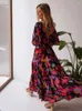 Partykleider Flordevida Blumenbedrucktes Kleid Frauen V-Ausschnitt Flare Sleeve Sommerurlaub Maxi Bohemian Boho Beach