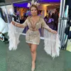 Luxe Or Aso Ebi Robes De Cocktail De Grande Taille Col En V Profond Manches Longues En Dentelle À Plumes Courte Mini Robe De Bal Tulle Perles Gland Robes De Soirée Robe De Fête D'anniversaire C020