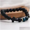 Bracciale con perline di agata in pietra naturale nera opaca con perline e design di moda, per uomo, con ciondolo a forma di croce, corda elastica fatta a mano, goccia regolabile Dhl2Z