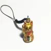Whole 50pcs Gold Lucky Cat Maneki Neko Japanese Bell 2 3 cm Gold Rich Black Strap260s