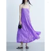 Casual Dresses 2024 Summer Women Thin Shoulder Strap One Word Collar Heavy Industry Art Pleated Mid-length Dress