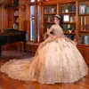 Gold Perlen Perlen Rüschen Ballkleid Quinceanera Kleider Schulterfrei Pailletten Applikationen Spitze Sweet 15 Vestidos De XV Anos