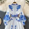 Robe droite à col rond imprimée en porcelaine bleue et blanche S M L XL 2XL