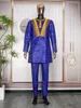 H D African Clothes for Men Tradition Clothing Embroidery Blue 2 Pcs Set Top Pant Bazin Muslim Wedding Party Dashiki 240220