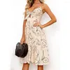 Casual Dresses Women Summer Lace-Up Front Tie Dress Elegant Female V Neck Button A-Line Backless Midi Spaghetti Strap