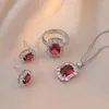 Colar brincos conjunto oval vermelho verde pedra quadrado anel pingentes clavícula colares para mulher cor prata zircon nupcial cz
