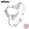 Ringar Wostu Real 925 Sterling Silver Moonstone Open Rings for Women Lovely Moon Cat Justerbar Cocktail Ring Party Jewelries Gift R315