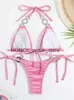 Costumi da bagno donna sexy bikini a triangolo set donna 2024 tinta unita rosa incrociato costume da bagno in velluto costume da bagno strass di lusso in metallo Y2KH24222