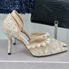 Pearl Floral Lace Heels Designer Dress Shoes Womens Embellished Ivory White Pointy Pumps Classic High Heeled Sexy Wedding evening Shoe With Box 10A factory footwear