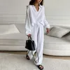 Women's Two Piece Pants Lapel Collar Suit Solid Color Stylish Two-piece Set V Neckline Tops Loose Wide Leg For Spring/autumn