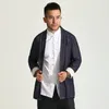 Giacche da uomo Cappotto da uomo orientale in lino blu Tunica monopetto Comodo e confortevole Abiti Kungfu Capispalla Maschile Abiti stile meditazione Zen