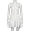 Casual Dresses Sexy Pleated White Dress Women 2024 Summer Elegant Lace Crochet Ruched Club Party Robe Femme Backless Mini Short