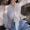 Женские блузки, корейская уличная рубашка в стиле Харадзюку, топ, сексуальная женщина, тонкий, с v-образным вырезом, без бретелек, короткая бандажная блузка с бантом, милая женская укороченная блузка
