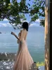 Robes décontractées Été doux élégant rose slip dos nu volants plissé queue de poisson longue femmes 2024 sexy fête d'anniversaire robe de soirée