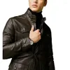 Men's Jackets Genuine Lambskin Real Leather Trench Short Coat Button Pocket Brown Jacket