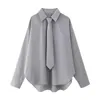 Kvinnors blusar flickor elegant preppy stil lös grå skjorta med slips våren casual office randiga tryck damer långa toppar överdimensionerade