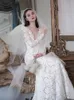 Deep V Mermaid Tail Long Sleeve عارية الظهر الدانتيل الفرنسي الفاخر طويل الزفاف الفستان الأبيض FN2241