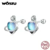 Örhängen Wostu 925 Sterling Silver Heart Shape Ear Stud Blue Zircons Universe Love Planet örhängen för kvinnor Enkel vintage smycken gåva